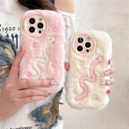 For iPhone 16 Pro Max Case Snake Design Pearl Accents Furry TPU Warm Phone Cover