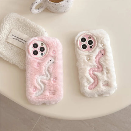 For iPhone 16 Pro Max Case Snake Design Pearl Accents Furry TPU Warm Phone Cover