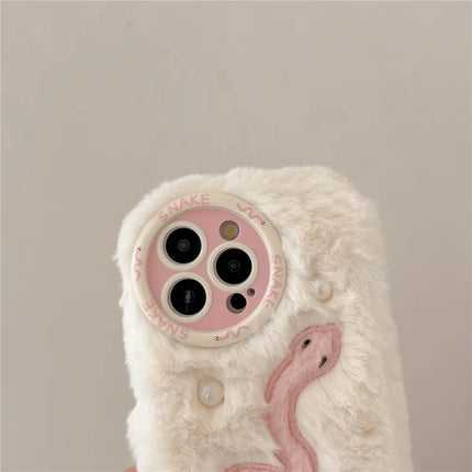 For iPhone 16 Pro Max Case Snake Design Pearl Accents Furry TPU Warm Phone Cover