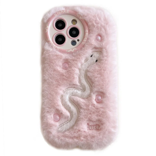 For iPhone 16 Pro Max Case Snake Design Pearl Accents Furry TPU Warm Phone Cover - Pink