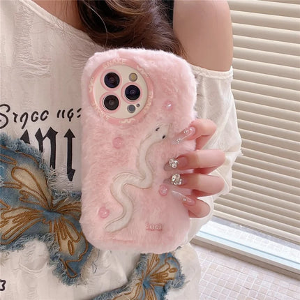 For iPhone 16 Pro Max Case Snake Design Pearl Accents Furry TPU Warm Phone Cover