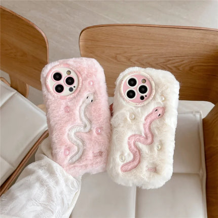 For iPhone 16 Pro Max Case Snake Design Pearl Accents Furry TPU Warm Phone Cover