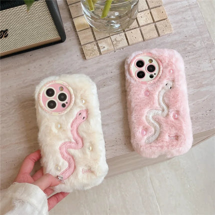 For iPhone 16 Pro Max Case Snake Design Pearl Accents Furry TPU Warm Phone Cover