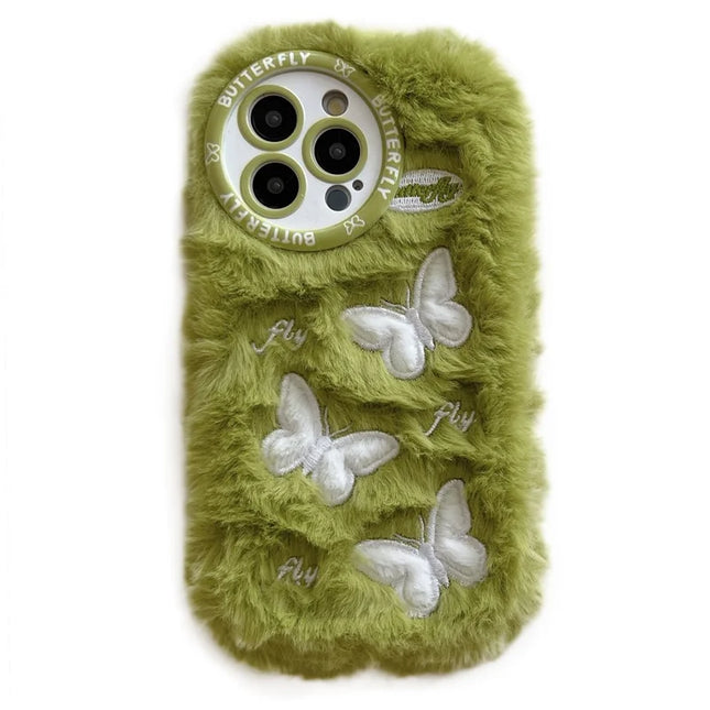 For iPhone 16 Pro Max Case Butterfly Design Warm Plush TPU Phone Cover - Green