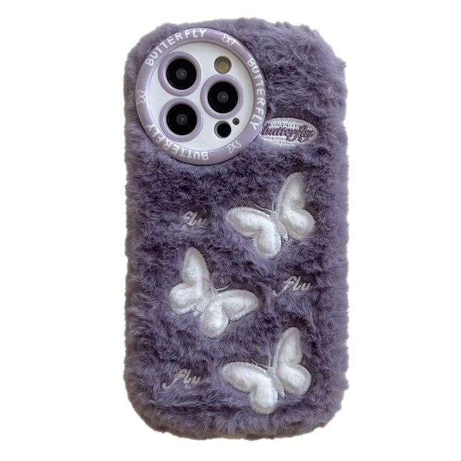 For iPhone 16 Pro Max Case Butterfly Design Warm Plush TPU Phone Cover - Purple