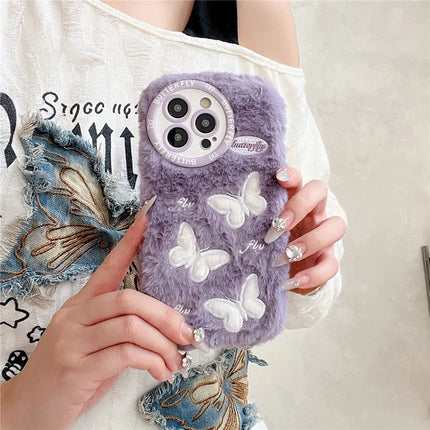 For iPhone 16 Pro Max Case Butterfly Design Warm Plush TPU Phone Cover