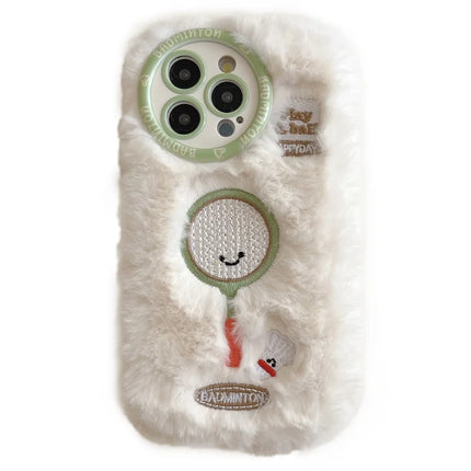 For iPhone 16 Pro Case Cute Racket Pattern Furry TPU Warm Phone Cover - Badminton Racket