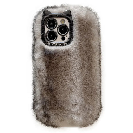 For iPhone 16 Pro Max Case Mink Fur Texture TPU Fuzzy Winter Protective Cover - Grey