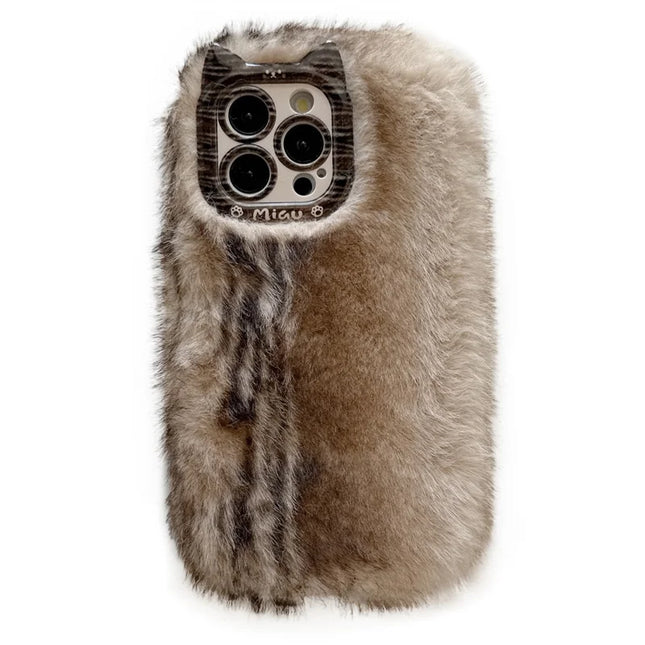 For iPhone 16 Pro Max Case Mink Fur Texture TPU Fuzzy Winter Protective Cover - Brown