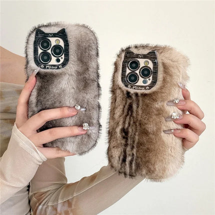 For iPhone 16 Pro Max Case Mink Fur Texture TPU Fuzzy Winter Protective Cover