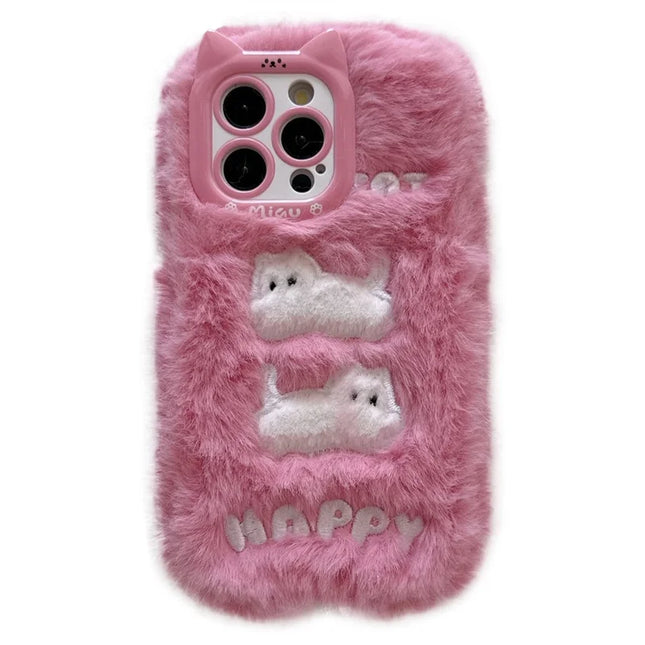For iPhone 16 Pro Max Case Embroidered White Cats Fuzzy Winter TPU Phone Cover - Pink