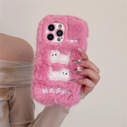 For iPhone 16 Pro Max Case Embroidered White Cats Fuzzy Winter TPU Phone Cover
