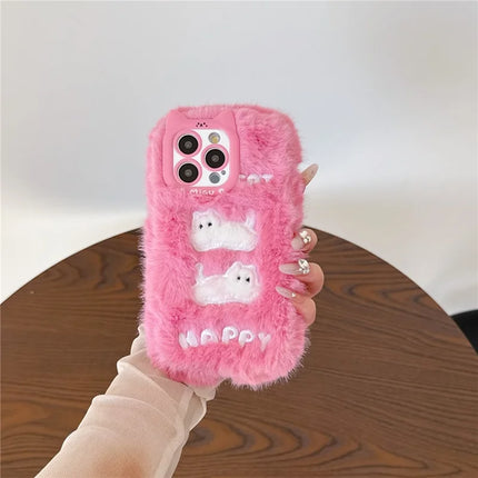 For iPhone 16 Pro Max Case Embroidered White Cats Fuzzy Winter TPU Phone Cover