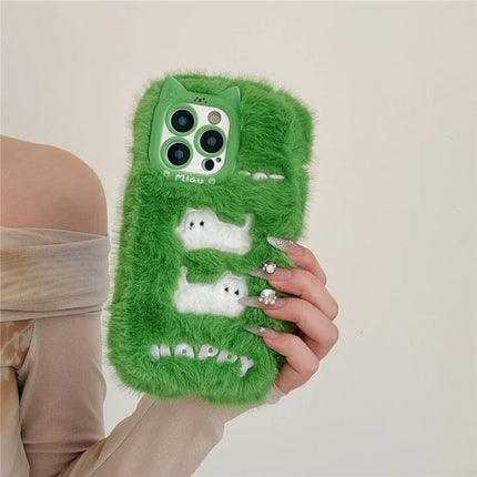 For iPhone 16 Pro Max Case Embroidered White Cats Fuzzy Winter TPU Phone Cover