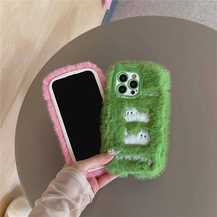 For iPhone 16 Pro Max Case Embroidered White Cats Fuzzy Winter TPU Phone Cover