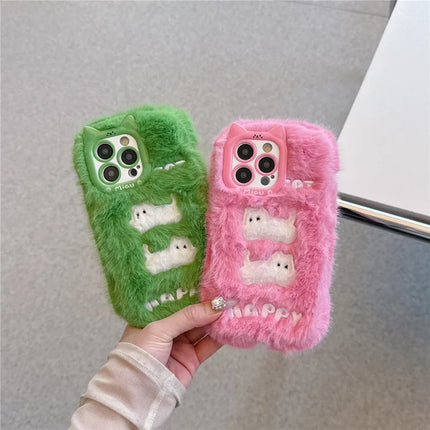 For iPhone 16 Pro Max Case Embroidered White Cats Fuzzy Winter TPU Phone Cover