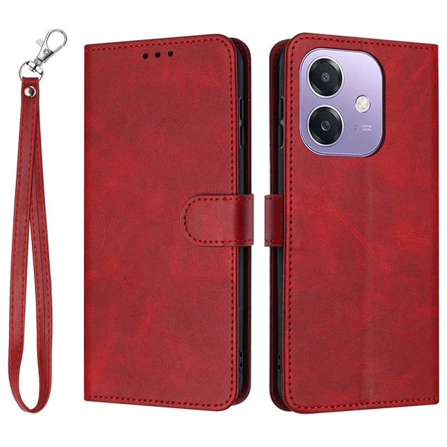 Stand Phone Case For Oppo A3x 4G / 5G (India) / A3 4G / 5G / A40 4G / A60 5G PU Leather Wallet Cover Calf Texture - Red