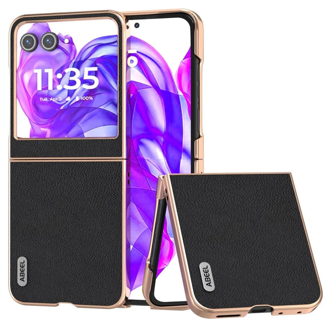 ABEEL For Motorola Razr 50 5G Case Electroplating Phone Cover Horizon Series Genuine Cow Leather+TPU Protective Case - Black