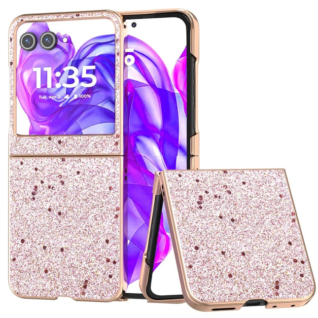 For Motorola Razr 50 5G Case Electroplating Phone Cover Glitter Surface Design PU+TPU Protective Case - Pink