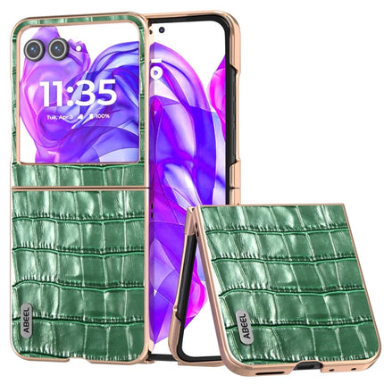 ABEEL For Motorola Razr 50 5G Case Electroplating Phone Cover Crocodile Texture Genuine Cow Leather+TPU Protective Case - Green
