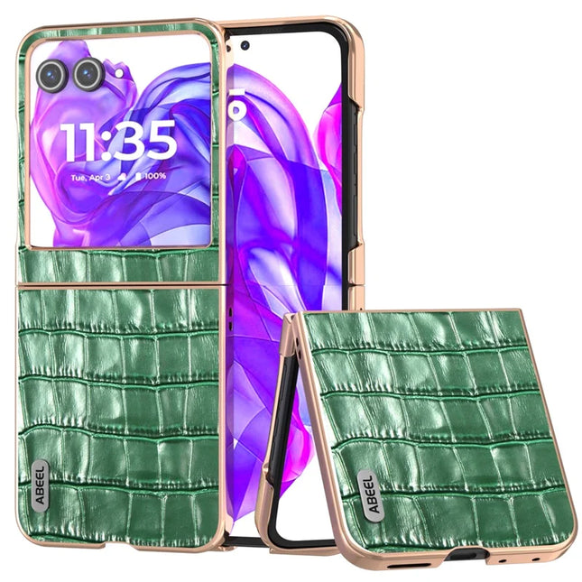 ABEEL For Motorola Razr 50 5G Case Electroplating Phone Cover Crocodile Texture Genuine Cow Leather+TPU Protective Case - Green