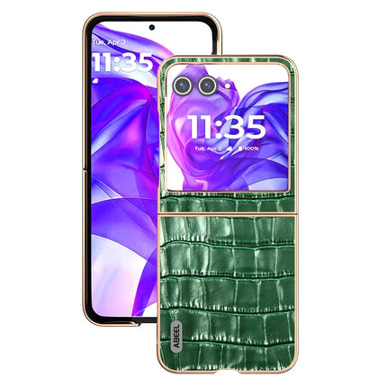 ABEEL For Motorola Razr 50 5G Case Electroplating Phone Cover Crocodile Texture Genuine Cow Leather+TPU Protective Case