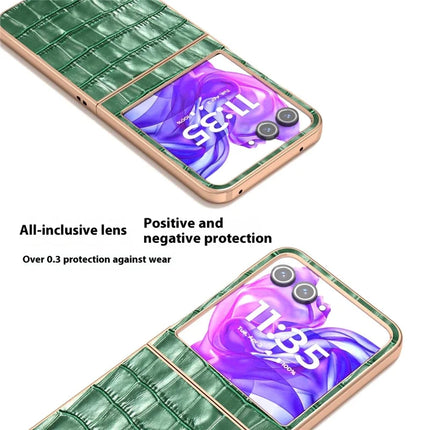 ABEEL For Motorola Razr 50 5G Case Electroplating Phone Cover Crocodile Texture Genuine Cow Leather+TPU Protective Case