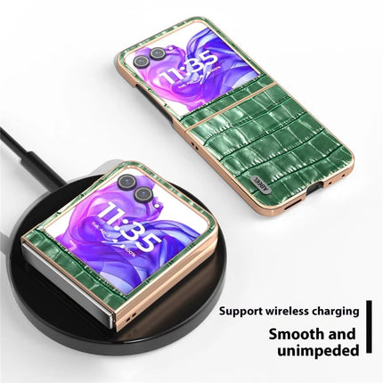 ABEEL For Motorola Razr 50 5G Case Electroplating Phone Cover Crocodile Texture Genuine Cow Leather+TPU Protective Case