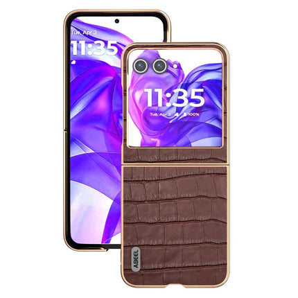 ABEEL For Motorola Razr 50 5G Case Electroplating Phone Cover Crocodile Texture Genuine Cow Leather+TPU Protective Case
