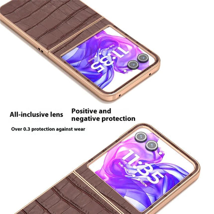 ABEEL For Motorola Razr 50 5G Case Electroplating Phone Cover Crocodile Texture Genuine Cow Leather+TPU Protective Case