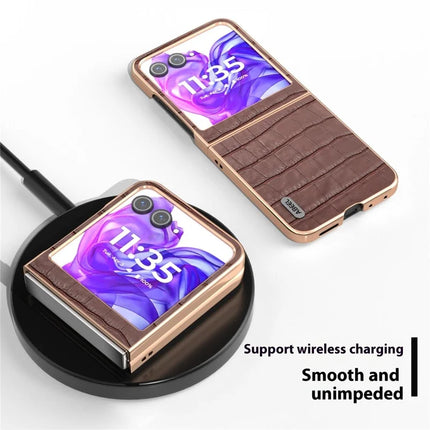 ABEEL For Motorola Razr 50 5G Case Electroplating Phone Cover Crocodile Texture Genuine Cow Leather+TPU Protective Case