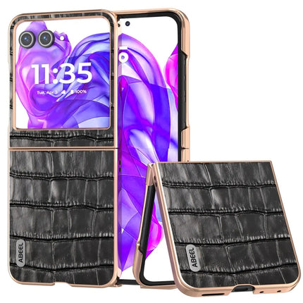 ABEEL For Motorola Razr 50 5G Case Electroplating Phone Cover Crocodile Texture Genuine Cow Leather+TPU Protective Case - Black