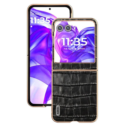 ABEEL For Motorola Razr 50 5G Case Electroplating Phone Cover Crocodile Texture Genuine Cow Leather+TPU Protective Case