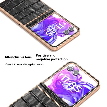 ABEEL For Motorola Razr 50 5G Case Electroplating Phone Cover Crocodile Texture Genuine Cow Leather+TPU Protective Case