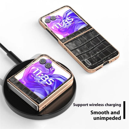 ABEEL For Motorola Razr 50 5G Case Electroplating Phone Cover Crocodile Texture Genuine Cow Leather+TPU Protective Case