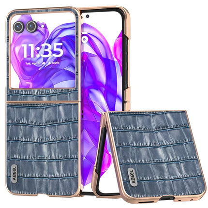 ABEEL For Motorola Razr 50 5G Case Electroplating Phone Cover Crocodile Texture Genuine Cow Leather+TPU Protective Case - Blue