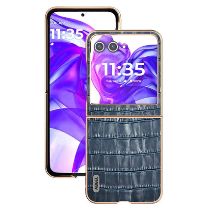 ABEEL For Motorola Razr 50 5G Case Electroplating Phone Cover Crocodile Texture Genuine Cow Leather+TPU Protective Case