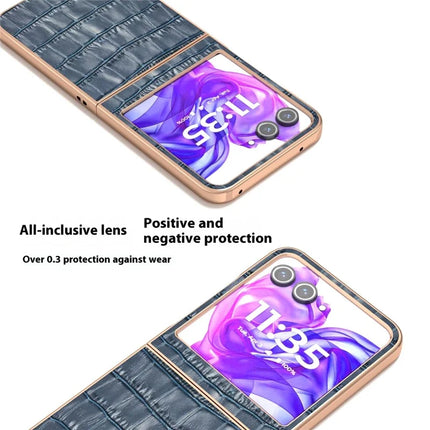ABEEL For Motorola Razr 50 5G Case Electroplating Phone Cover Crocodile Texture Genuine Cow Leather+TPU Protective Case
