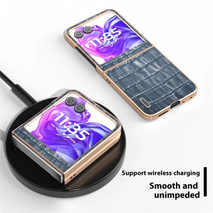 ABEEL For Motorola Razr 50 5G Case Electroplating Phone Cover Crocodile Texture Genuine Cow Leather+TPU Protective Case