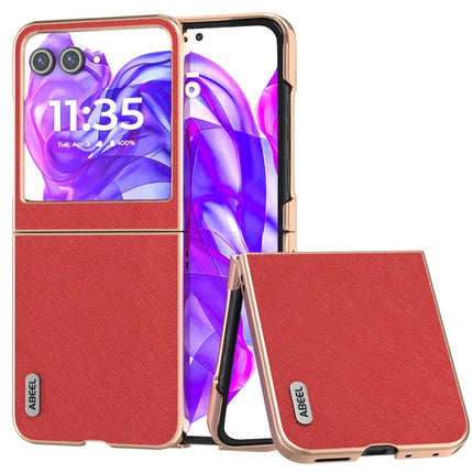 ABEEL For Motorola Razr 50 5G Case Electroplating Phone Cover Cross Texture Genuine Cow Leather+TPU Protective Case - Red