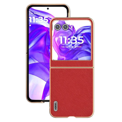 ABEEL For Motorola Razr 50 5G Case Electroplating Phone Cover Cross Texture Genuine Cow Leather+TPU Protective Case