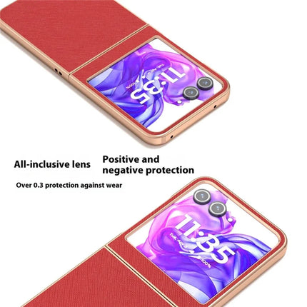 ABEEL For Motorola Razr 50 5G Case Electroplating Phone Cover Cross Texture Genuine Cow Leather+TPU Protective Case