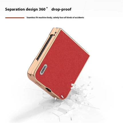 ABEEL For Motorola Razr 50 5G Case Electroplating Phone Cover Cross Texture Genuine Cow Leather+TPU Protective Case