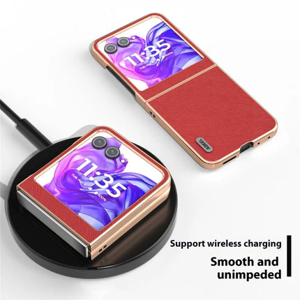 ABEEL For Motorola Razr 50 5G Case Electroplating Phone Cover Cross Texture Genuine Cow Leather+TPU Protective Case