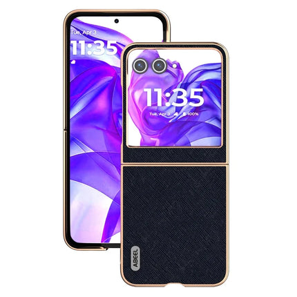 ABEEL For Motorola Razr 50 5G Case Electroplating Phone Cover Cross Texture Genuine Cow Leather+TPU Protective Case