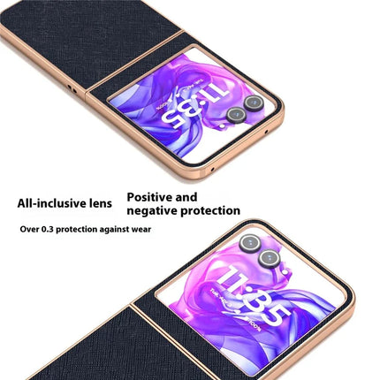 ABEEL For Motorola Razr 50 5G Case Electroplating Phone Cover Cross Texture Genuine Cow Leather+TPU Protective Case