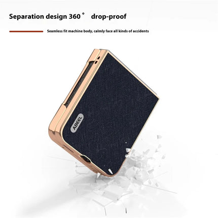 ABEEL For Motorola Razr 50 5G Case Electroplating Phone Cover Cross Texture Genuine Cow Leather+TPU Protective Case