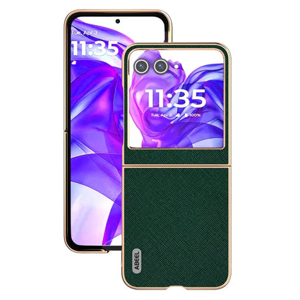 ABEEL For Motorola Razr 50 5G Case Electroplating Phone Cover Cross Texture Genuine Cow Leather+TPU Protective Case