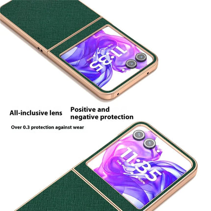 ABEEL For Motorola Razr 50 5G Case Electroplating Phone Cover Cross Texture Genuine Cow Leather+TPU Protective Case