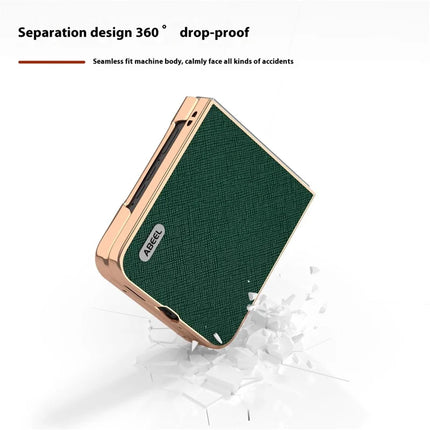 ABEEL For Motorola Razr 50 5G Case Electroplating Phone Cover Cross Texture Genuine Cow Leather+TPU Protective Case